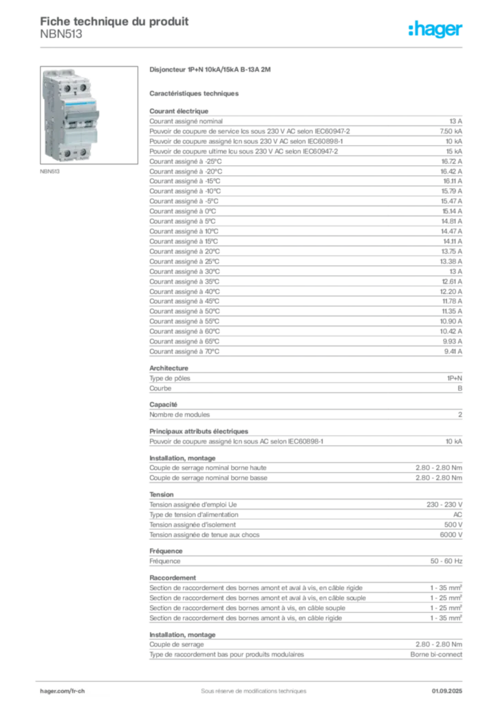 Image Hager Fiche technique du produit NBN513 | Hager Suisse