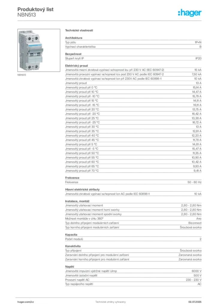 Obrázek Hager Product data sheet NBN513 | Hager
