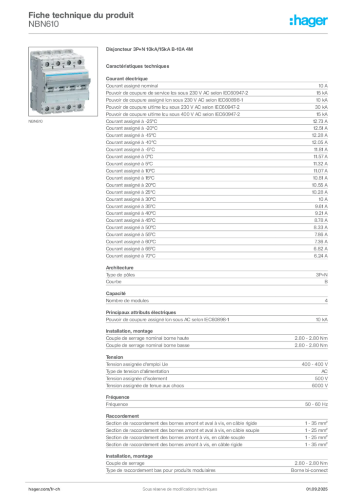 Image Hager Fiche technique du produit NBN610 | Hager Suisse