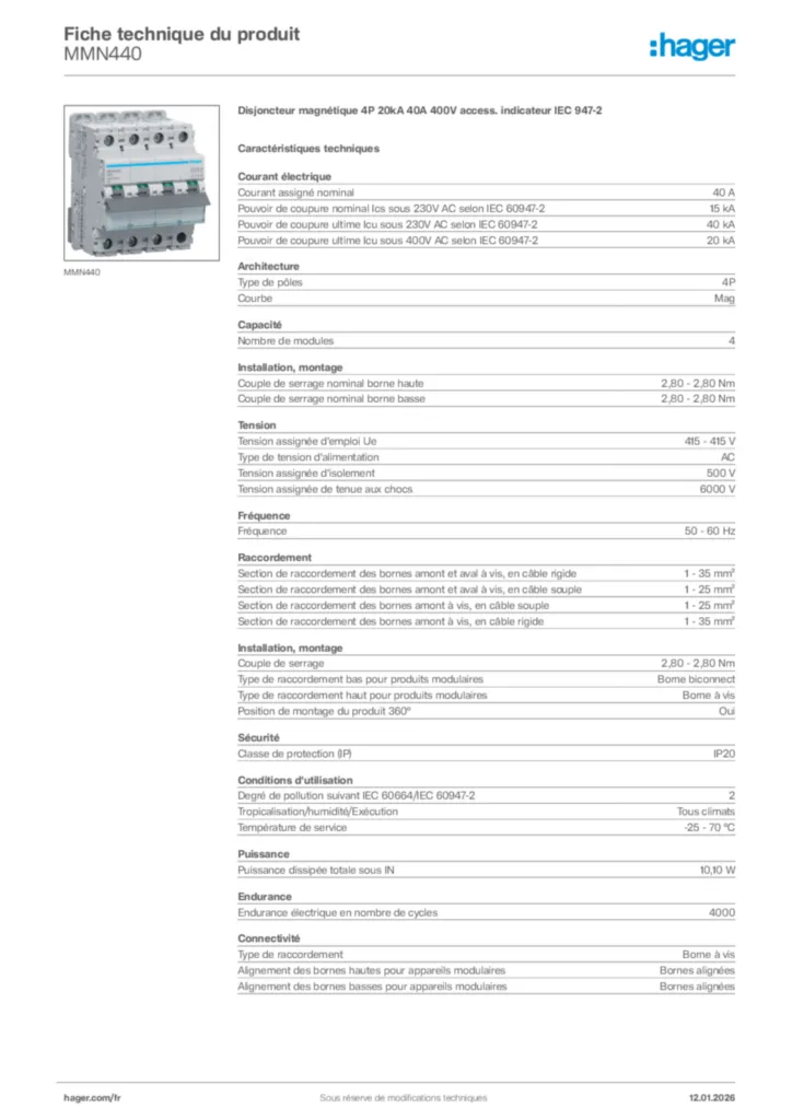 Image Hager Fiche technique du produit MMN440 | Hager France