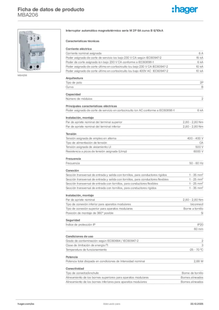 Imagen Hager Ficha de datos de producto MBA206 | Hager España