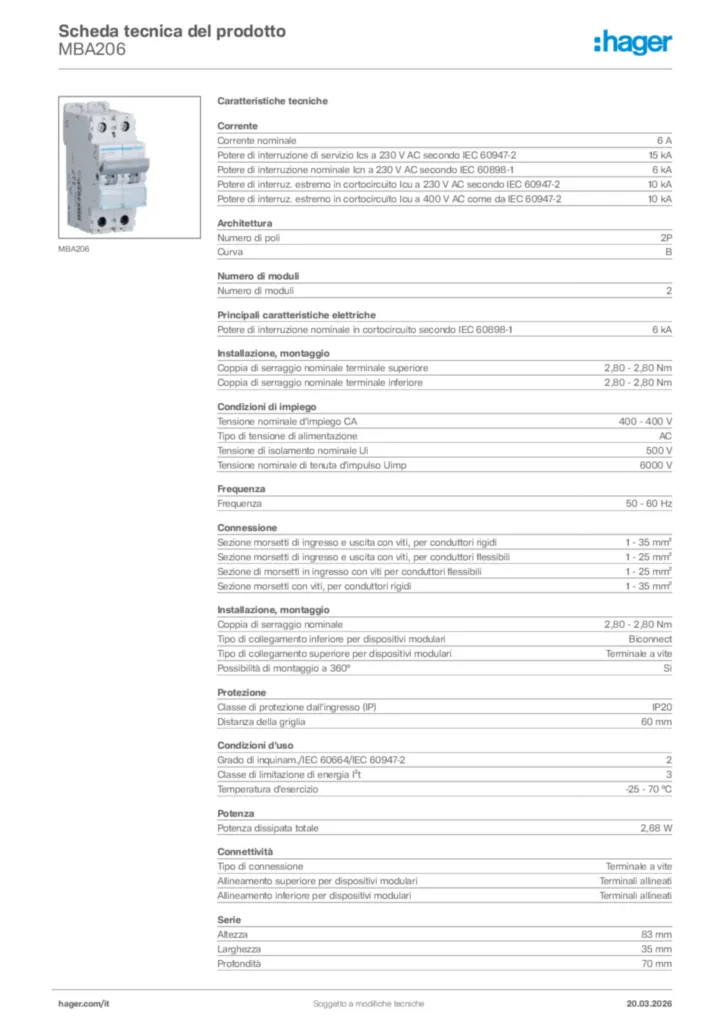 Immagine Hager Scheda tecnica del prodotto MBA206 | Hager Italia