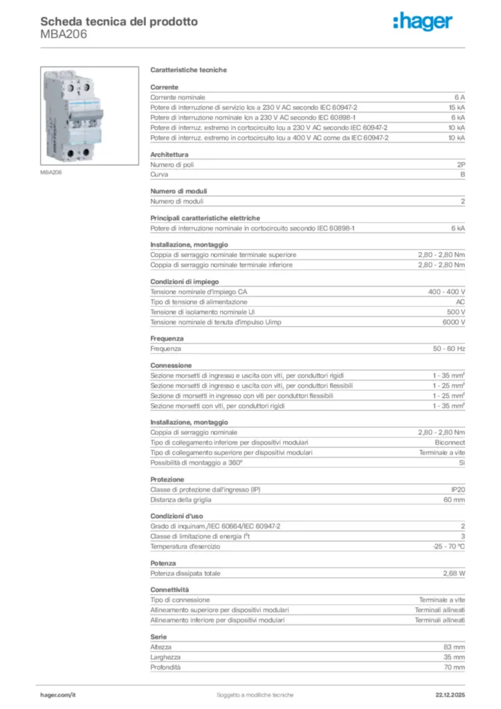 Immagine Hager Scheda tecnica del prodotto MBA206 | Hager Italia