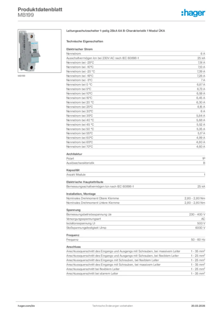 Bild Hager Produktdatenblatt MB199 | Hager Deutschland