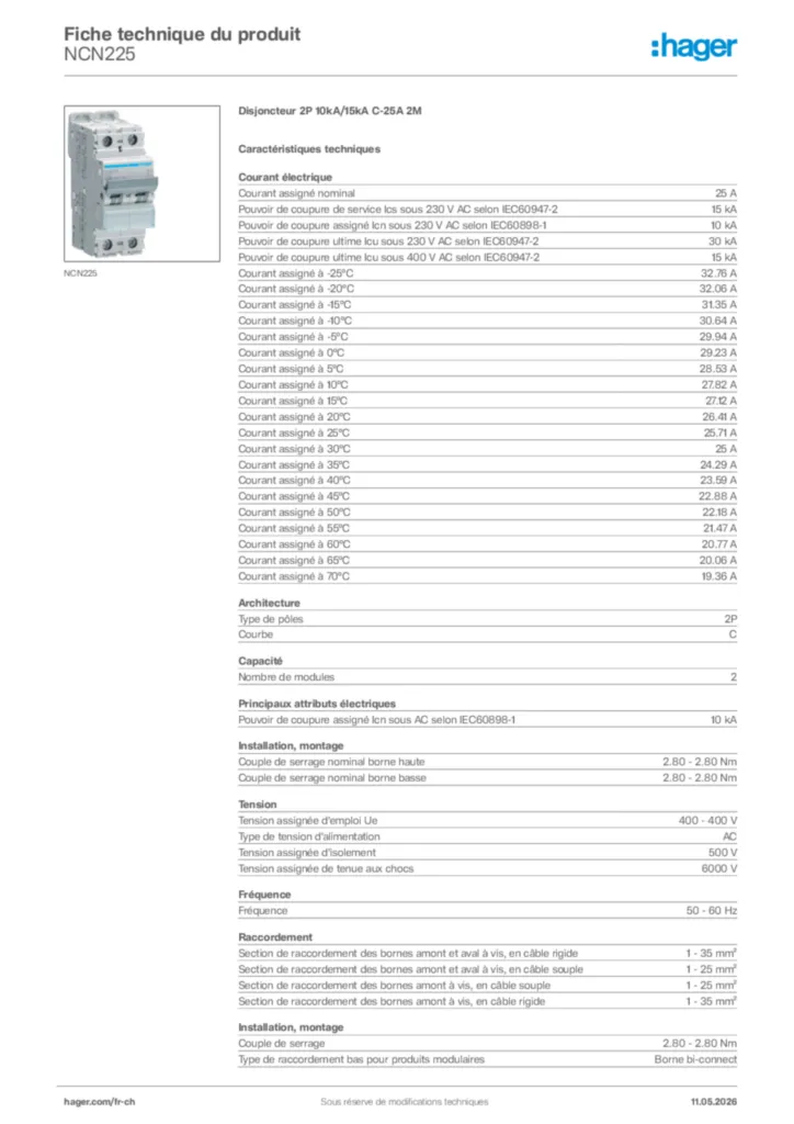 Image Hager Fiche technique du produit NCN225 | Hager Suisse
