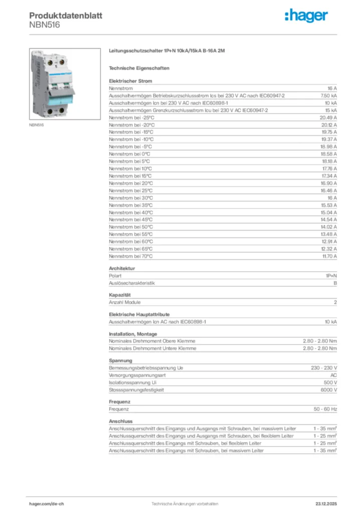 Bild Hager Produktdatenblatt NBN516 | Hager Schweiz