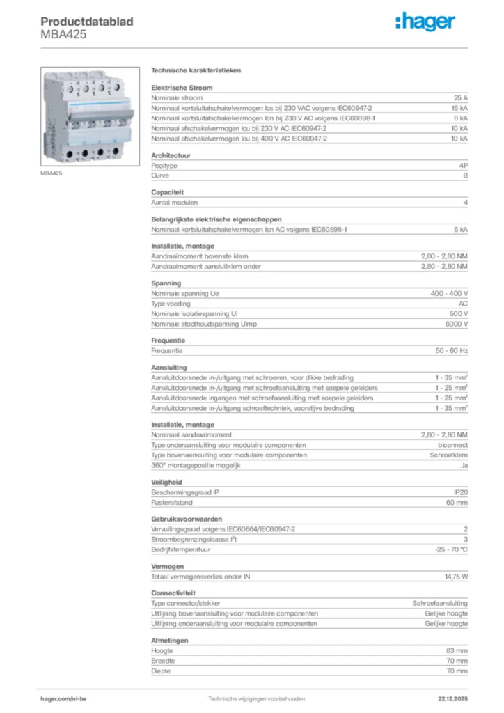 Afbeelding Hager Productdatablad MBA425 | Hager Belgium