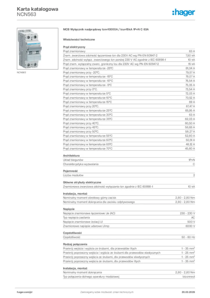 Zdjęcie Hager Karta katalogowa NCN563 | Hager Polska
