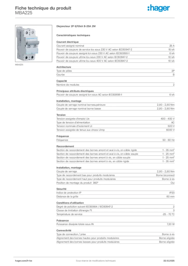 Image Hager Fiche technique du produit MBA225 | Hager Belgique