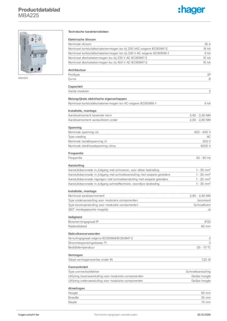 Afbeelding Hager Productdatablad MBA225 | Hager Belgium