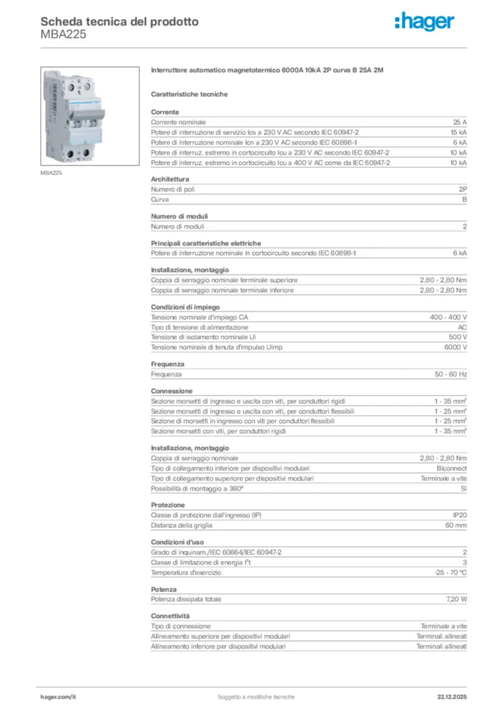 Immagine Hager Scheda tecnica del prodotto MBA225 | Hager Italia