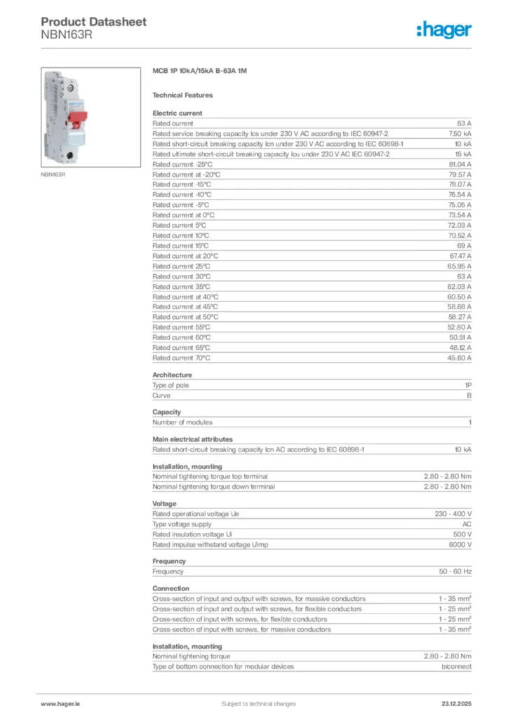 Image Hager Product data sheet NBN163R  | Hager