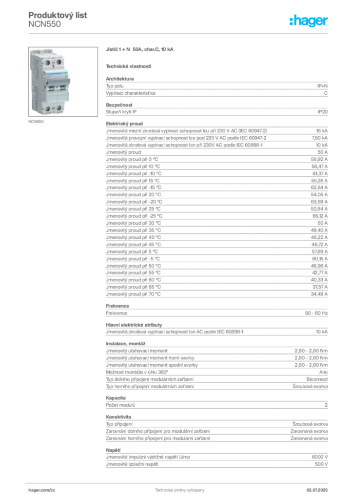 Obrázek Hager Product data sheet NCN550 | Hager