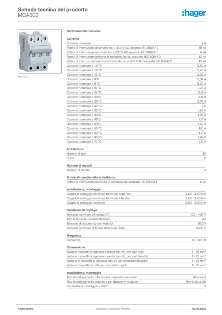 Immagine Hager Scheda tecnica del prodotto MCA302 | Hager Italia