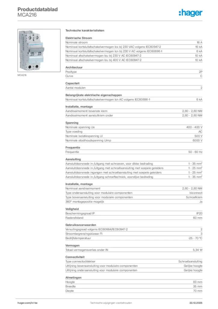 Afbeelding Hager Productdatablad MCA216 | Hager Belgium