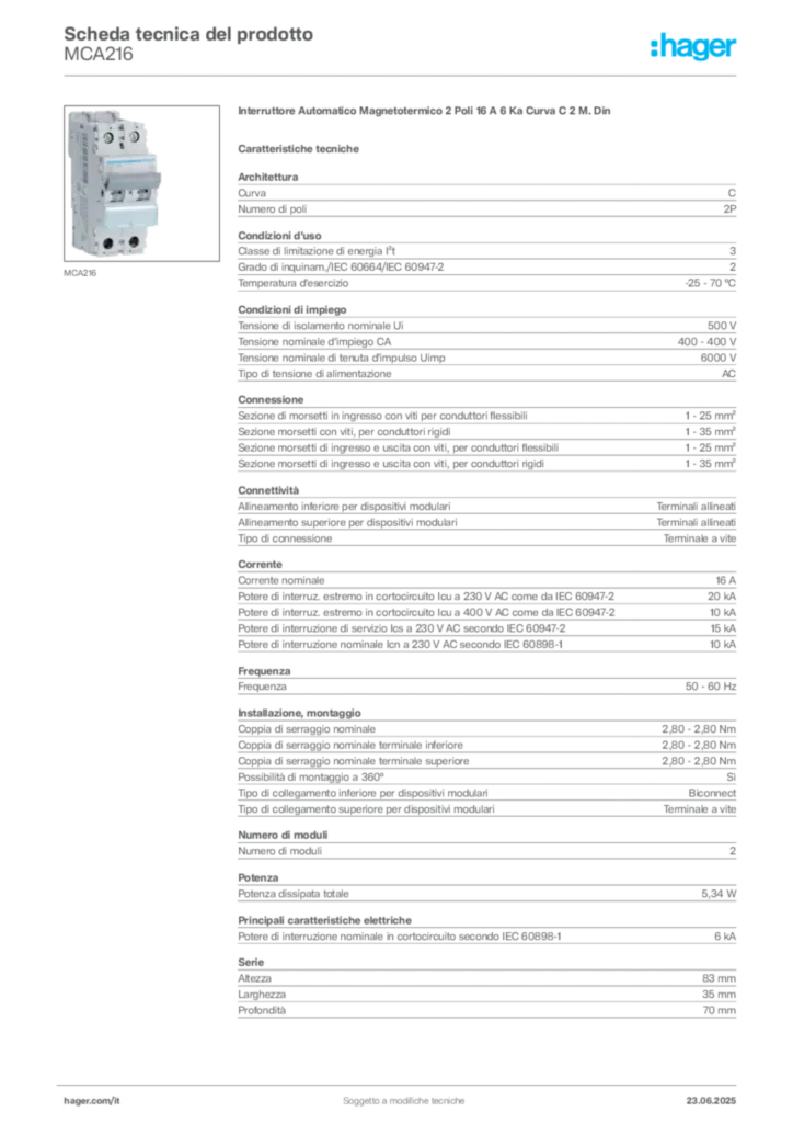 Immagine Hager Scheda tecnica del prodotto MCA216 | Hager Italia