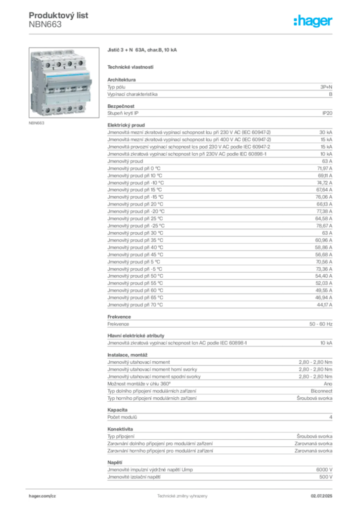 Obrázek Hager Product data sheet NBN663 | Hager