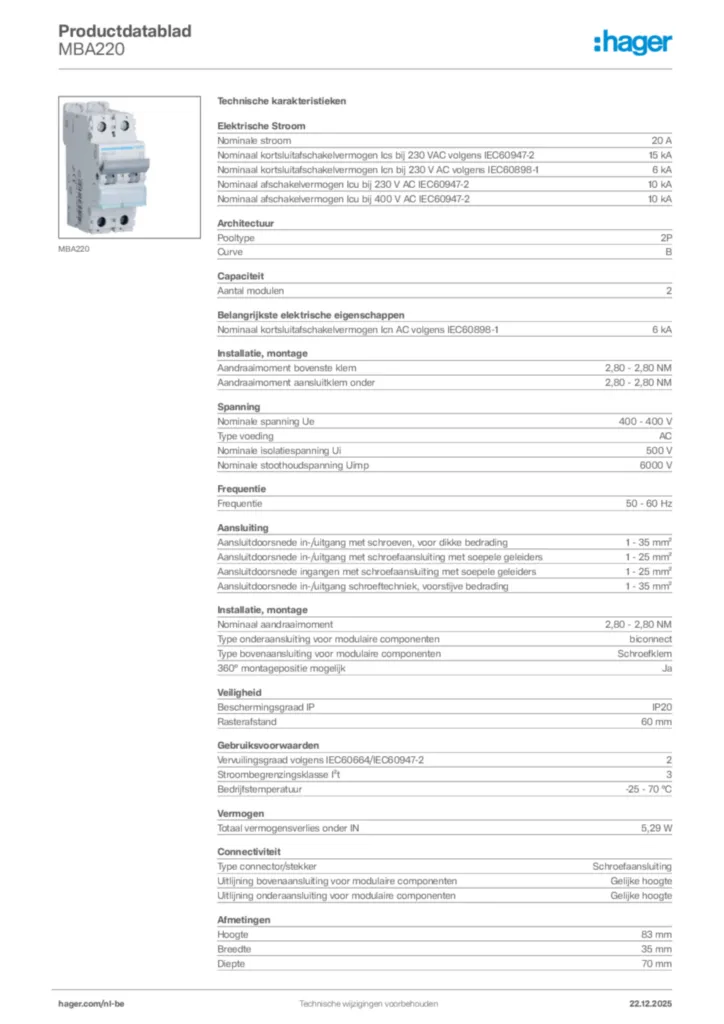 Afbeelding Hager Productdatablad MBA220 | Hager Belgium