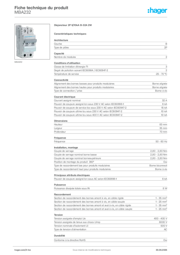 Image Hager Fiche technique du produit MBA232 | Hager Belgique