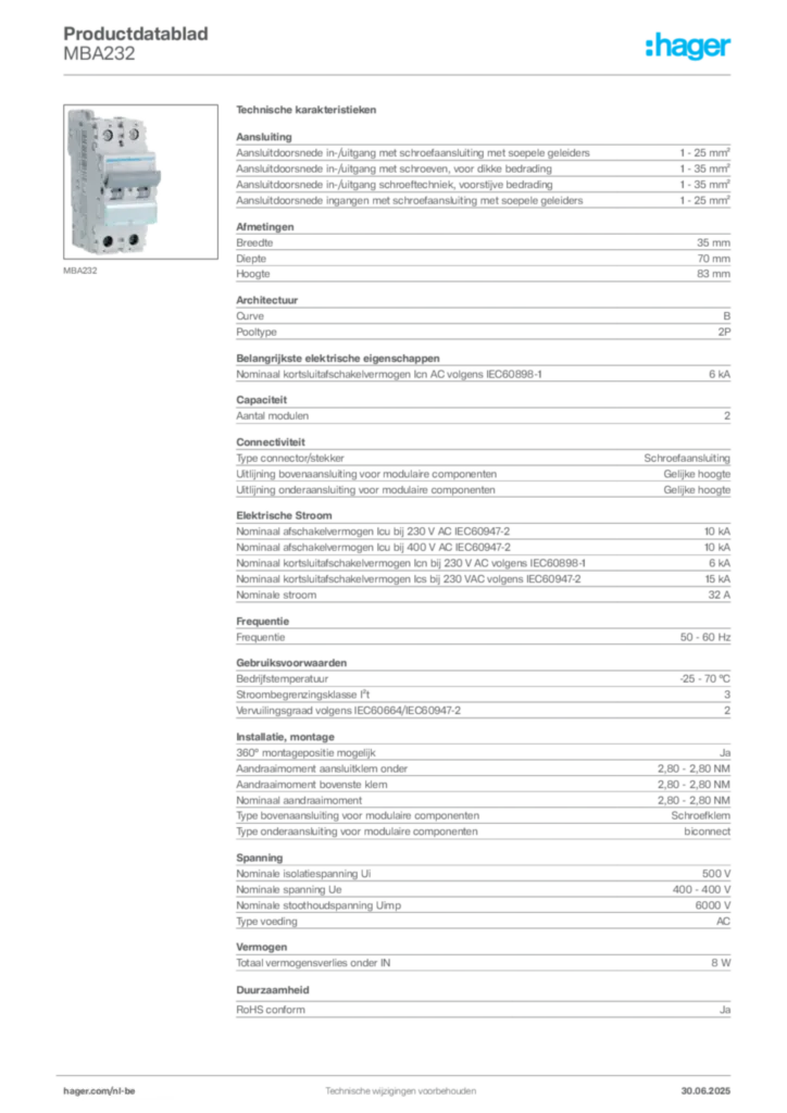Afbeelding Hager Productdatablad MBA232 | Hager Belgium