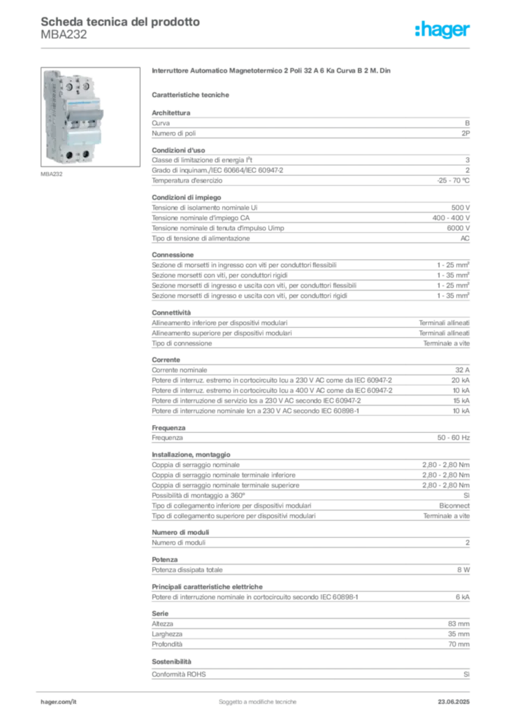 Immagine Hager Scheda tecnica del prodotto MBA232 | Hager Italia