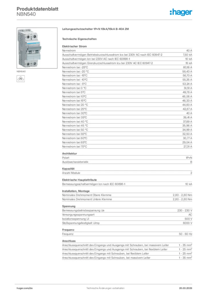 Bild Hager Produktdatenblatt NBN540 | Hager Deutschland