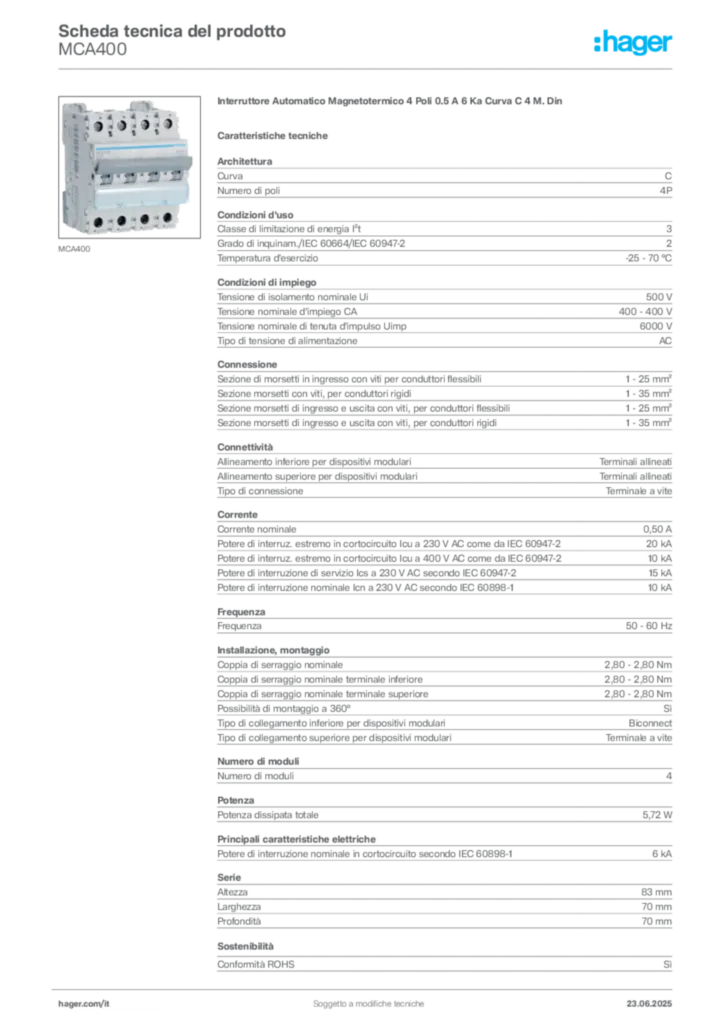 Immagine Hager Scheda tecnica del prodotto MCA400 | Hager Italia