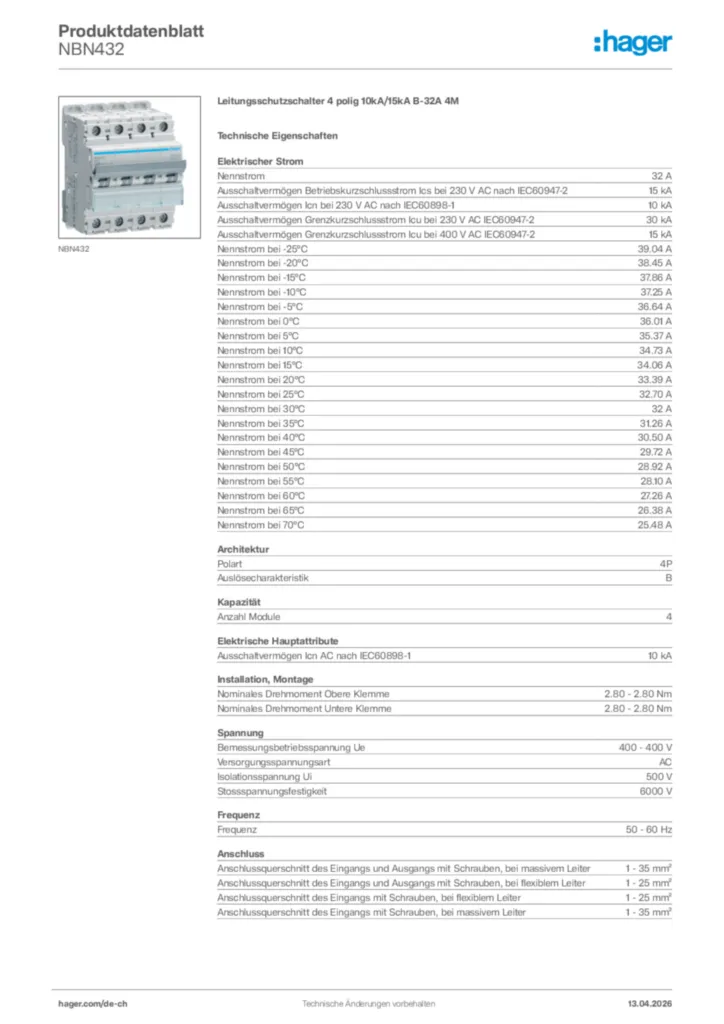 Bild Hager Produktdatenblatt NBN432 | Hager Schweiz