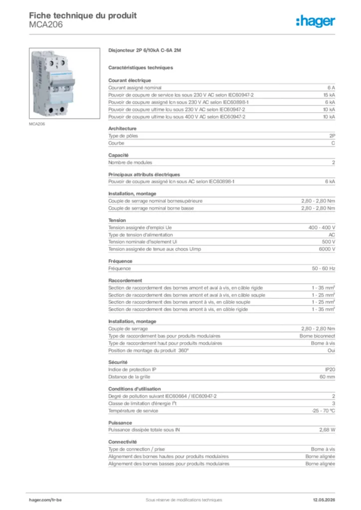 Image Hager Fiche technique du produit MCA206 | Hager Belgique