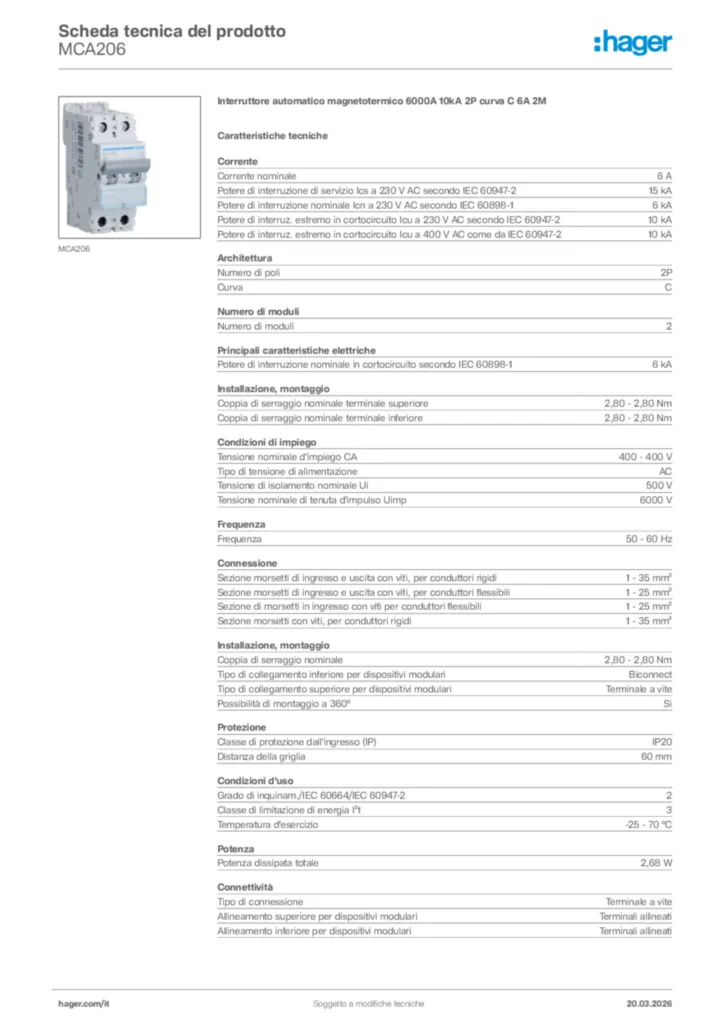 Immagine Hager Scheda tecnica del prodotto MCA206 | Hager Italia