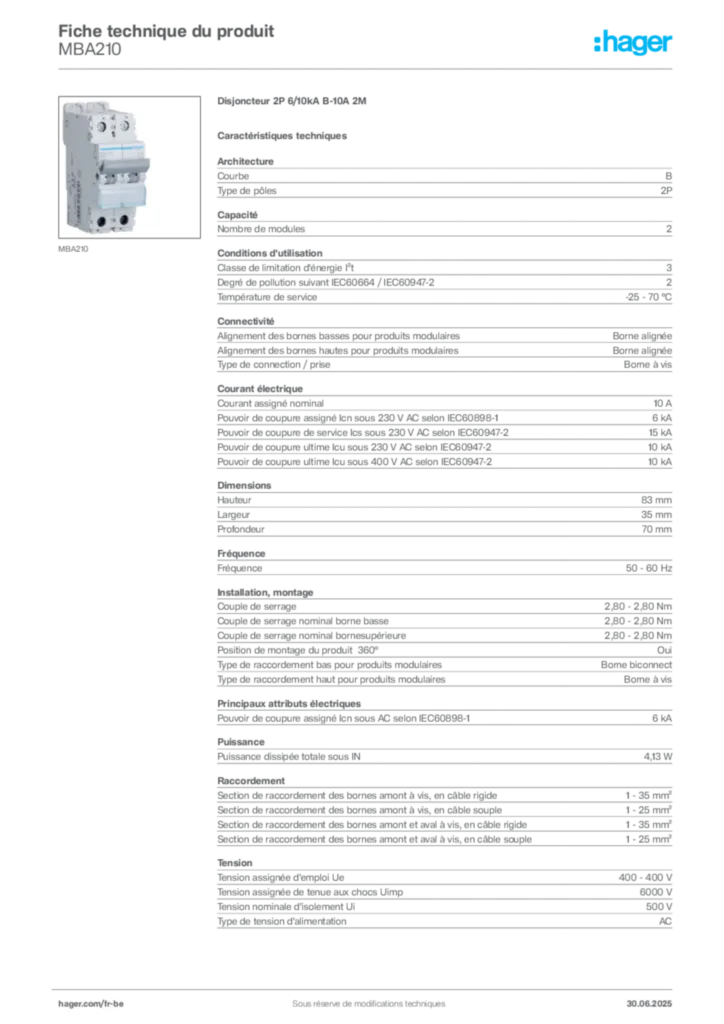 Image Hager Fiche technique du produit MBA210 | Hager Belgique