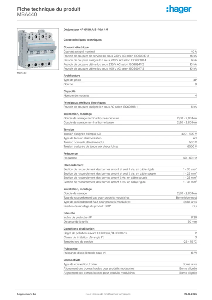 Image Hager Fiche technique du produit MBA440 | Hager Belgique