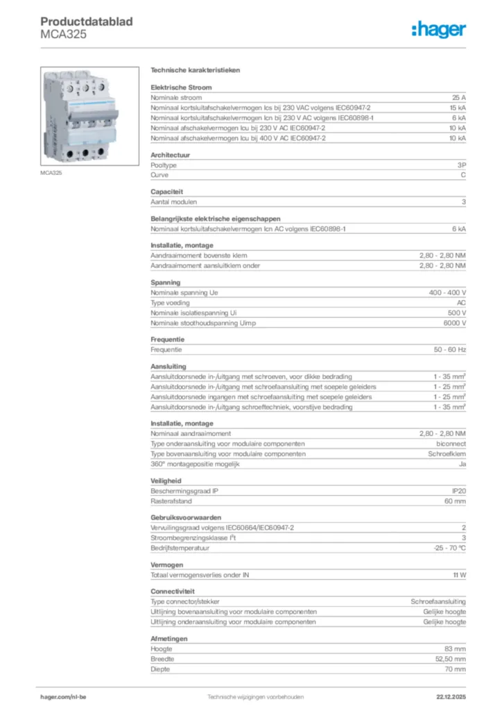 Afbeelding Hager Productdatablad MCA325 | Hager Belgium