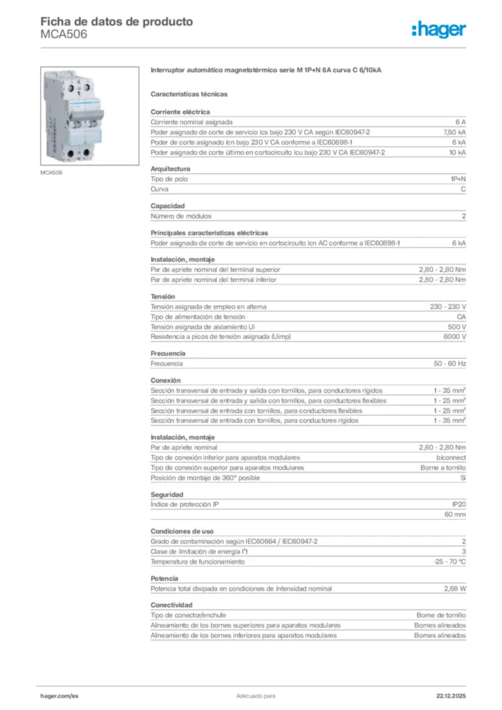 Imagen Hager Ficha de datos de producto MCA506 | Hager España