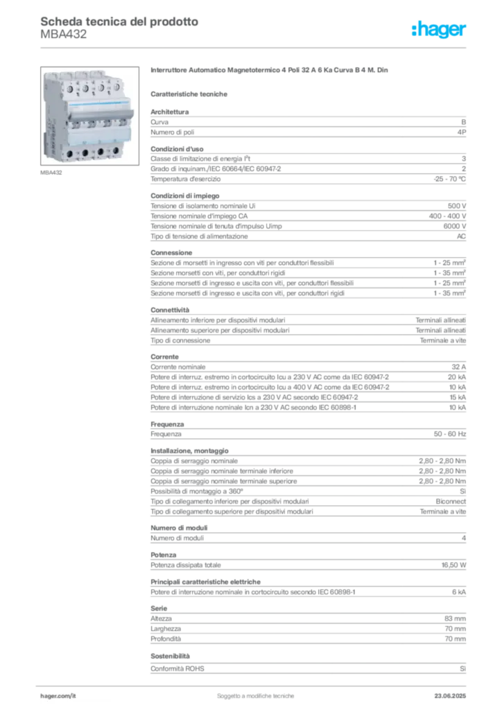 Immagine Hager Scheda tecnica del prodotto MBA432 | Hager Italia