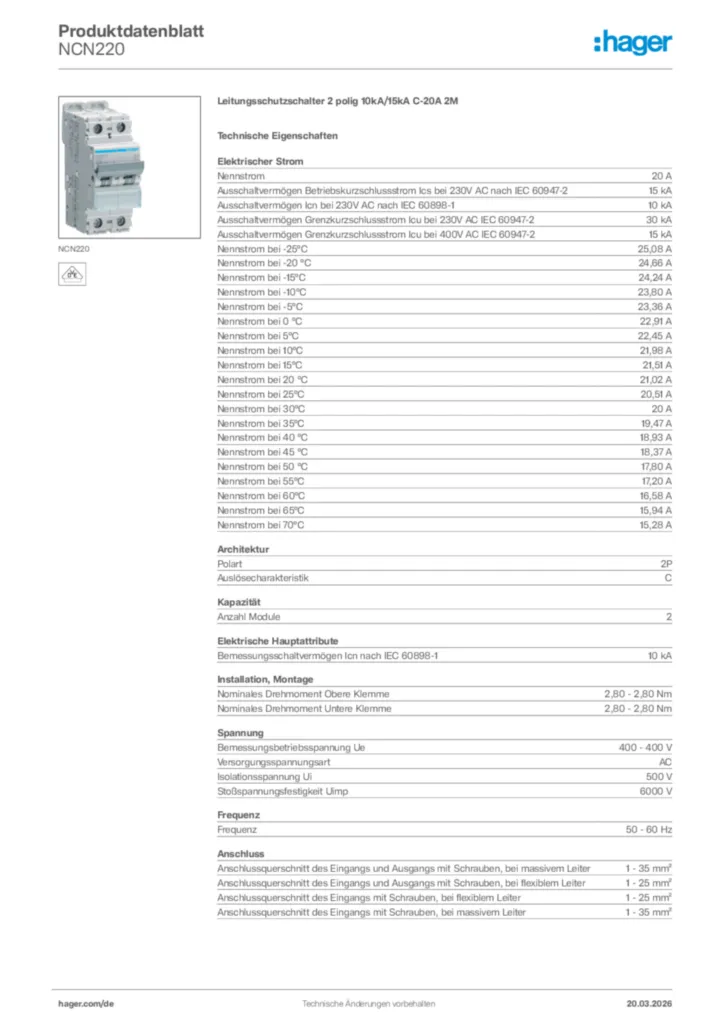 Bild Hager Produktdatenblatt NCN220 | Hager Deutschland