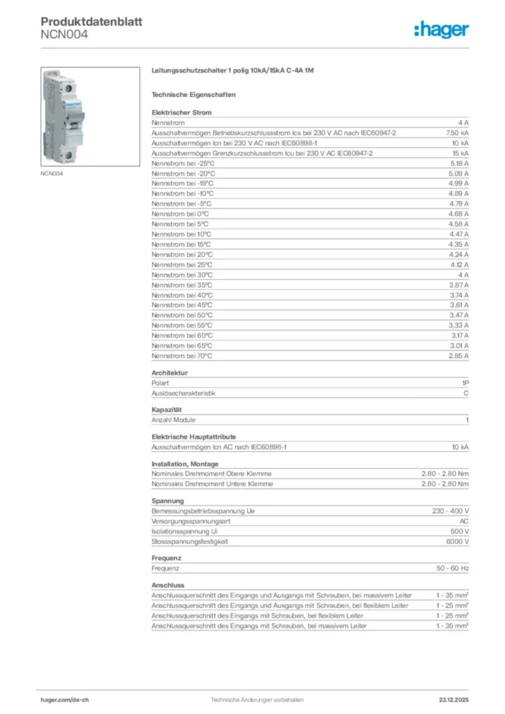 Bild Hager Produktdatenblatt NCN004 | Hager Schweiz