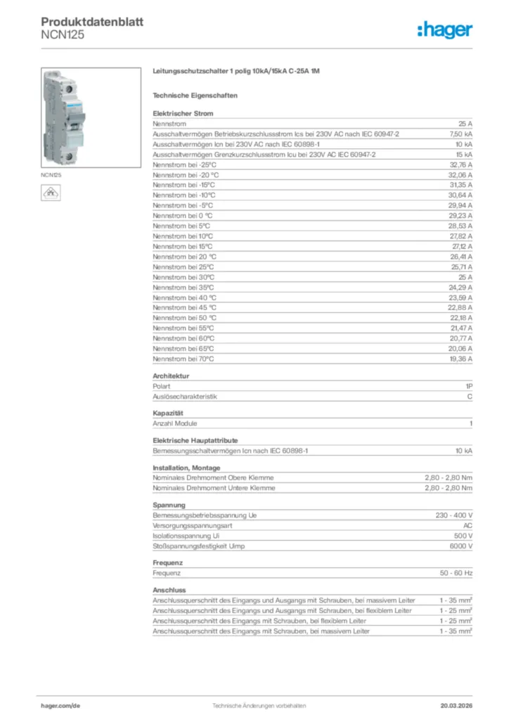Bild Hager Produktdatenblatt NCN125 | Hager Deutschland