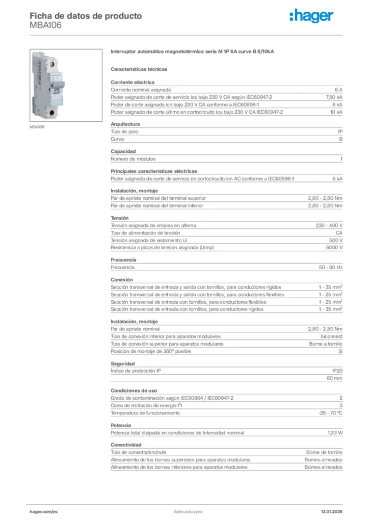 Imagen Hager Ficha de datos de producto MBA106 | Hager España