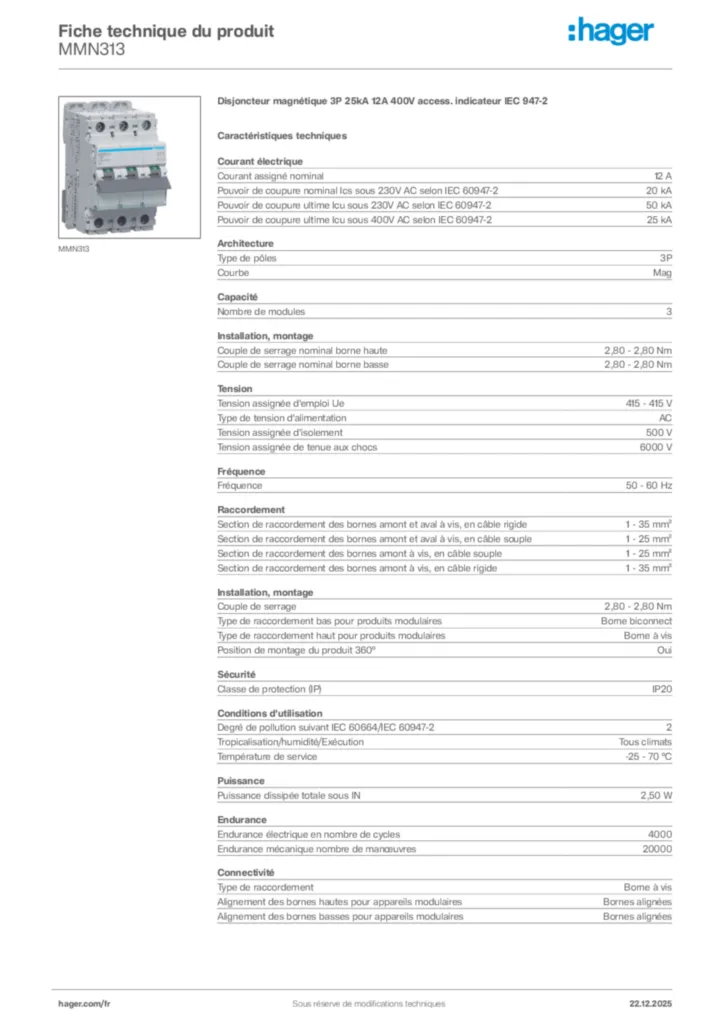 Image Hager Fiche technique du produit MMN313 | Hager France