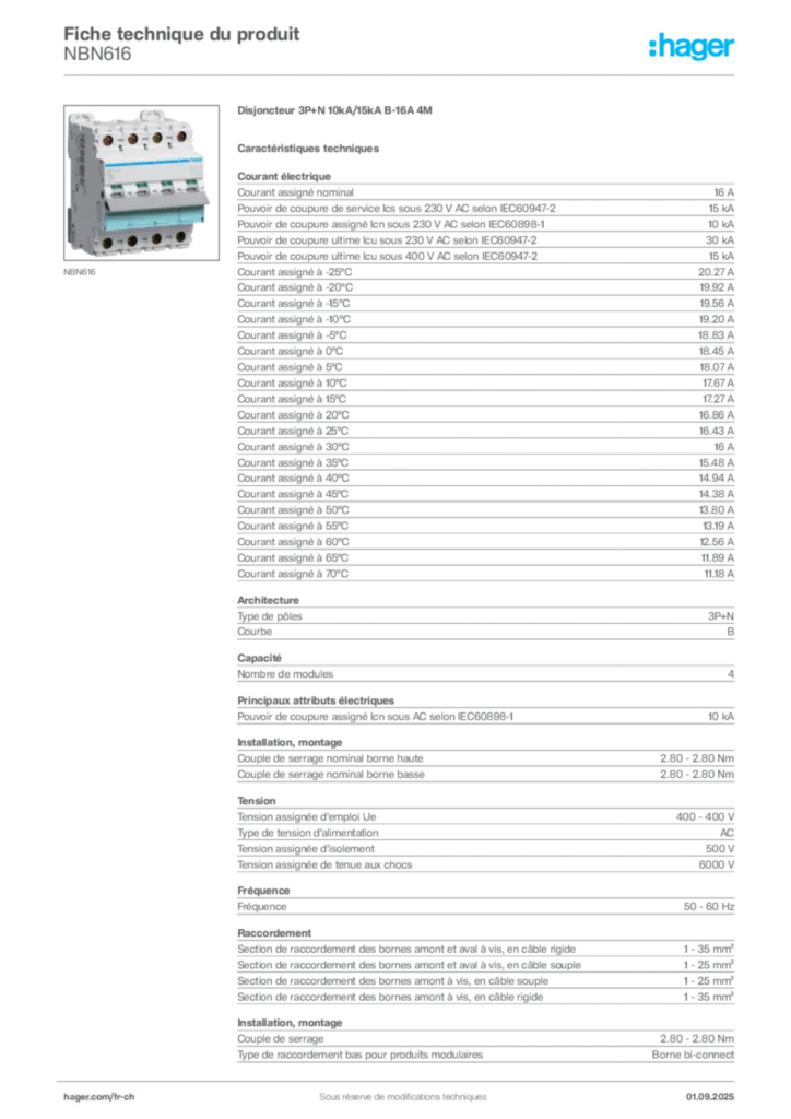 Image Hager Fiche technique du produit NBN616 | Hager Suisse