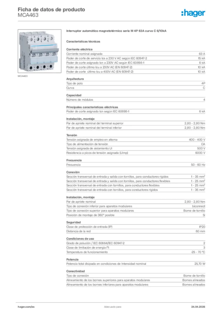 Imagen Hager Ficha de datos de producto MCA463 | Hager España