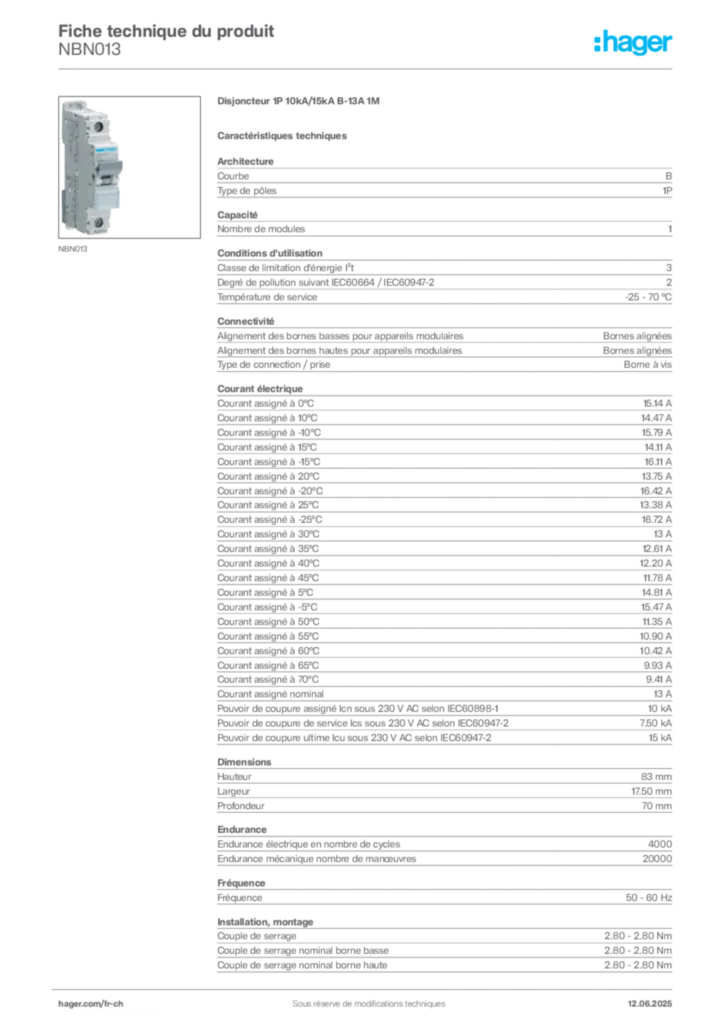 Image Hager Fiche technique du produit NBN013 | Hager Suisse