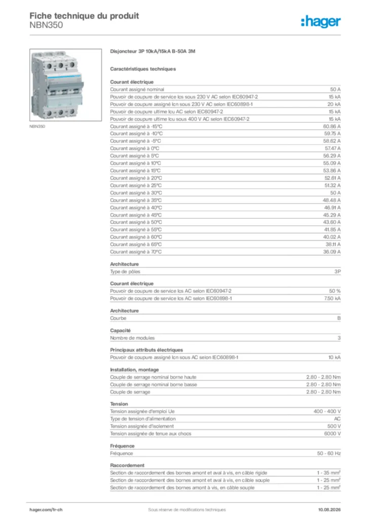 Image Hager Fiche technique du produit NBN350 | Hager Suisse