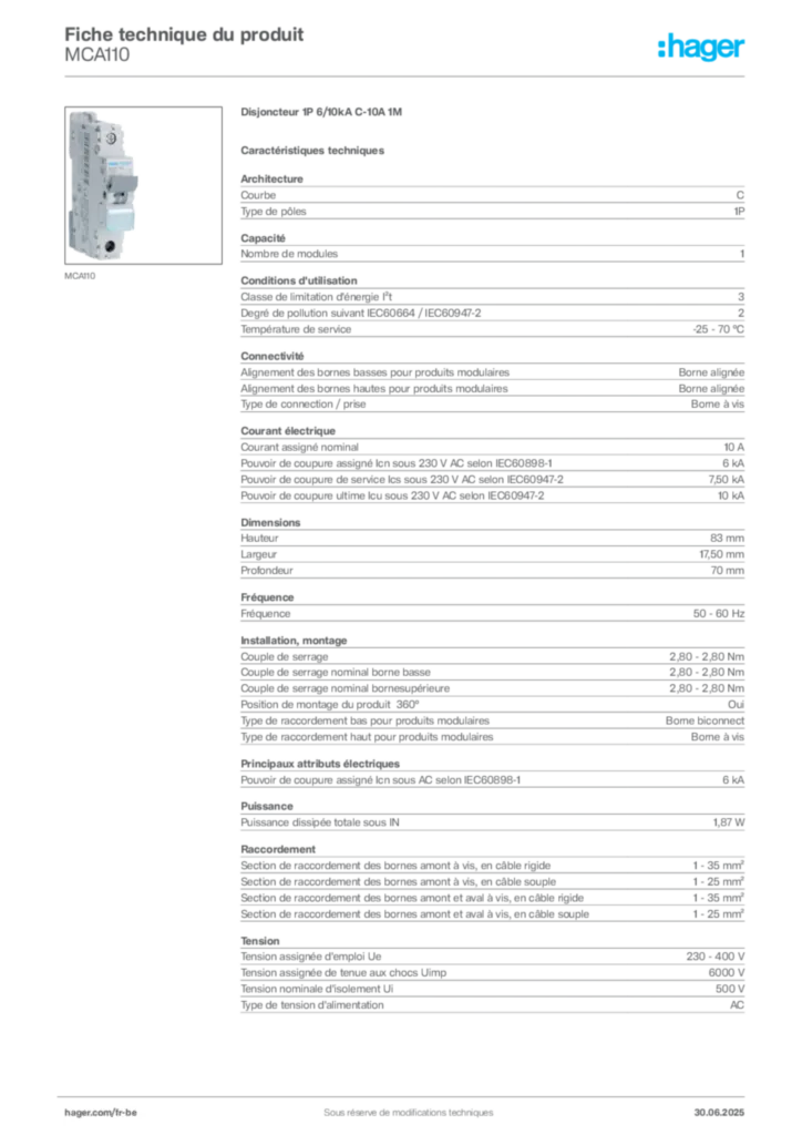 Image Hager Fiche technique du produit MCA110 | Hager Belgique