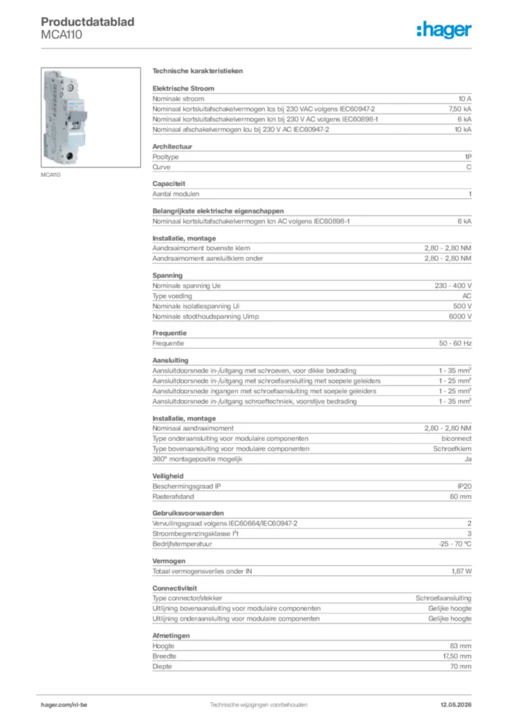 Afbeelding Hager Productdatablad MCA110 | Hager Belgium