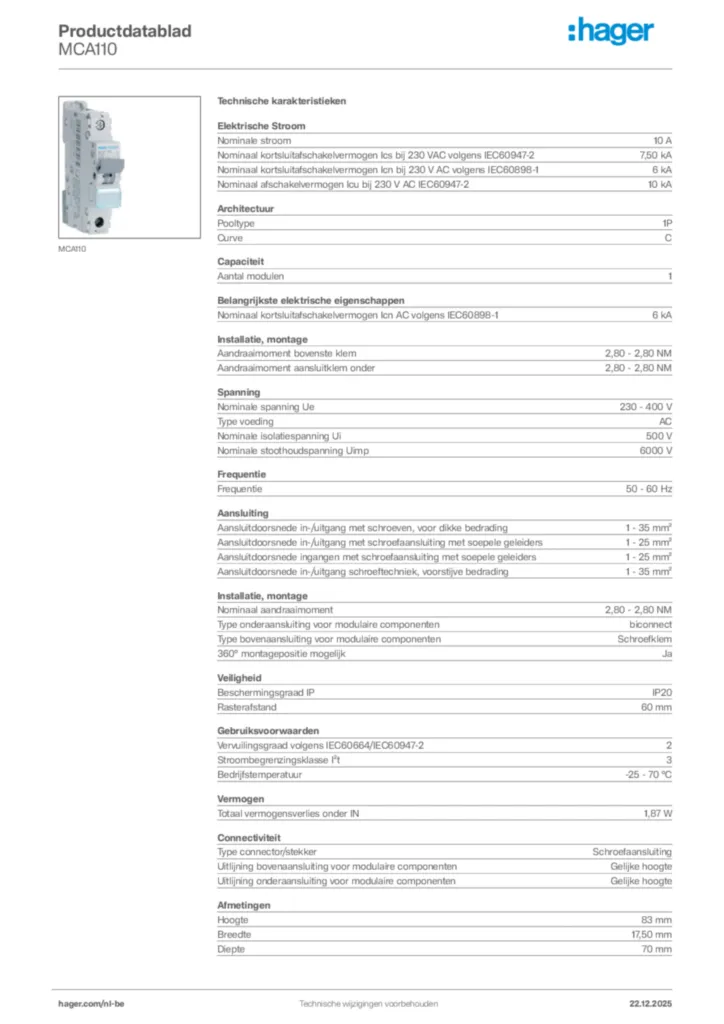Afbeelding Hager Productdatablad MCA110 | Hager Belgium