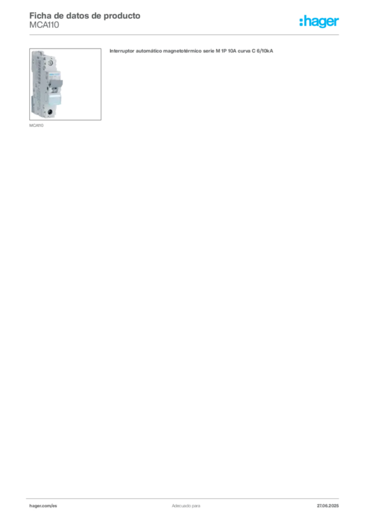 Imagen Hager Ficha de datos de producto MCA110 | Hager España