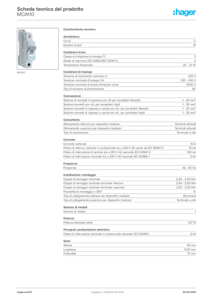 Immagine Hager Scheda tecnica del prodotto MCA110 | Hager Italia