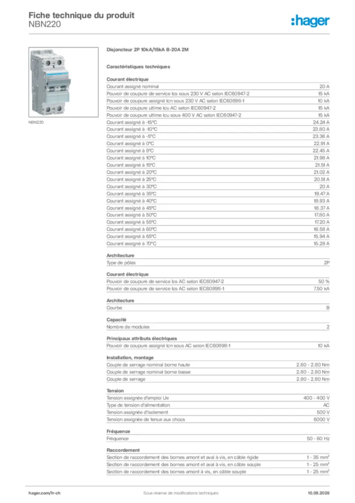 Image Hager Fiche technique du produit NBN220 | Hager Suisse